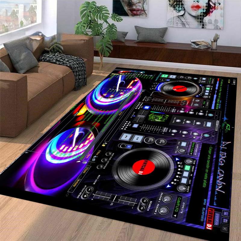 DJ Audio Mixer and Speaker Pattern Carpet with Neon Light Style Design Suitable for Use As an Anti-slip for Room and Bedroom Sofas