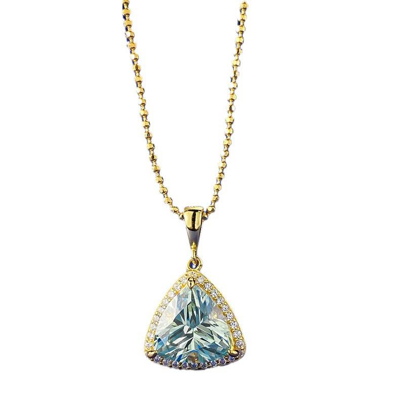 Lulu Tong S925 Silver Aquamarine Green Triangle Pendant Necklace - Light Luxury 