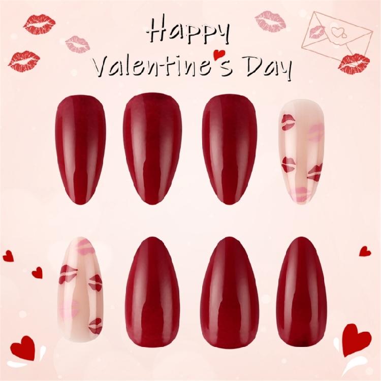 24 Pcs Valentines Day Press On Nail French Tip False Nail Almond Full Cover Stick on Nail Lip Print Acrylic Nail