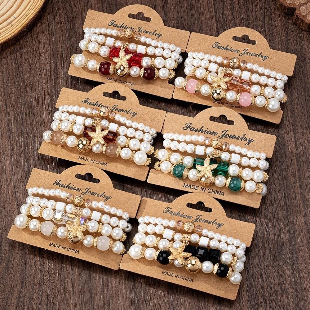 4pcs/set Bohemia Style Simulated Pearl Bracelets Adjustable Multilayer Hand Chain Vacation Wear