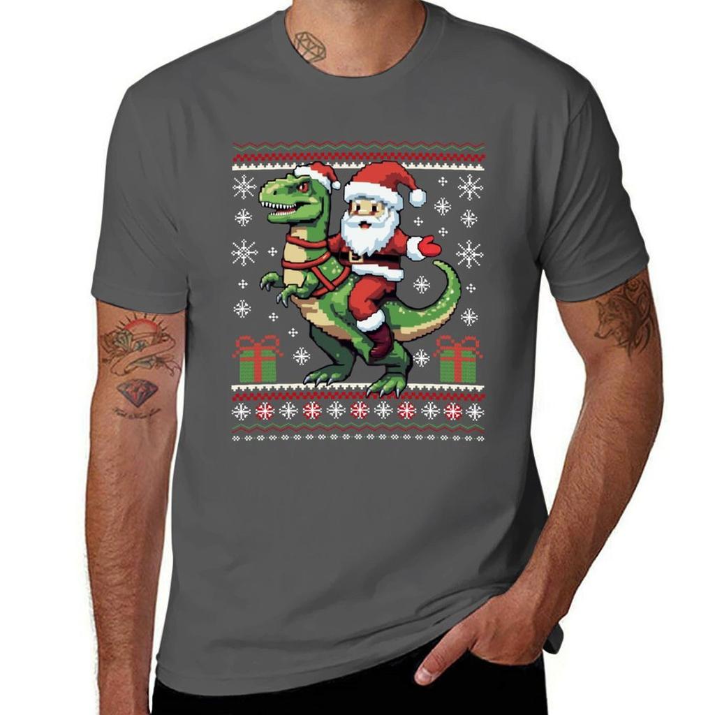 Santa Riding T Rex Dinosaur Funny Ugly Christmas Sweater Family Matching Tshirt Essential Solid Color Tshirt