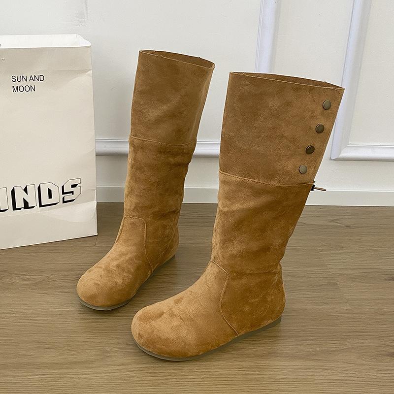 

2025 new spring and autumn small long tube pleated thin knight boots suede thick heel long tube two wear fashion boots women 40