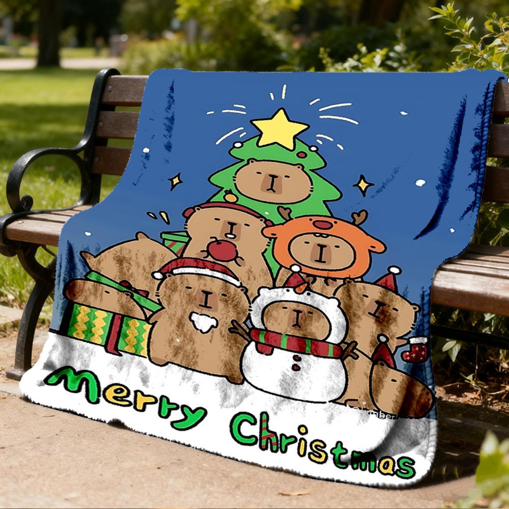 1pc Christmas Capybara Throw Blanket Polyester Fiber, Lightweight Flannel, Soft & Warm, All Season Use for Outdoor, Camping Digital Print