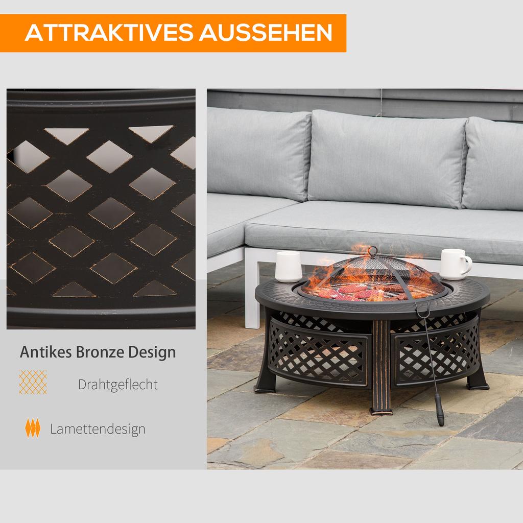 Outdoor Fire Pit, Firepit with Grill Net, Mesh Lid, Poker, for Camping, Bonfire, Picnic, Bronze Tone
