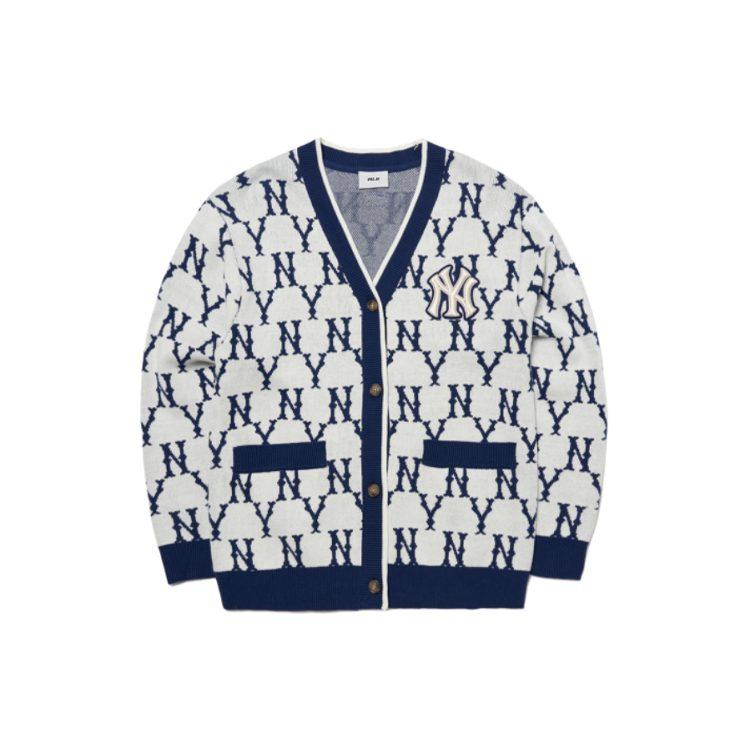 MLB Old Flower Sweaters Unisex Blue With White Lettering V Neck Moderate Cardigan 3AKCM0121-50CRS