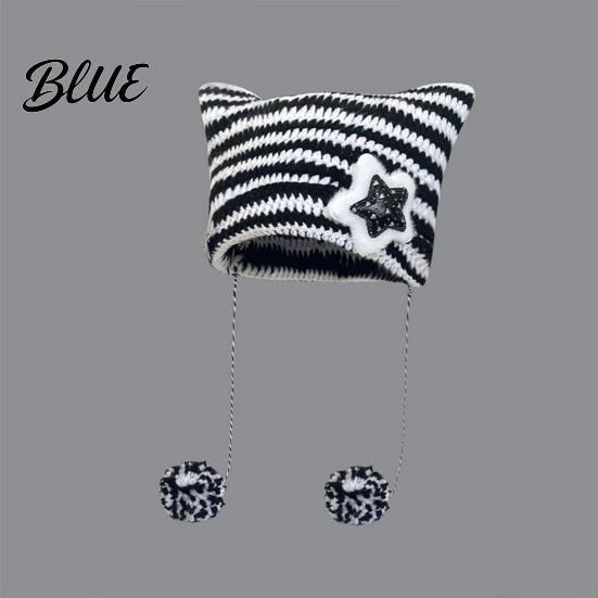 Striped Design Winter Knitted Knitting Ear Hat Style Cat Beanie Japanese Star Print Autumn Plush