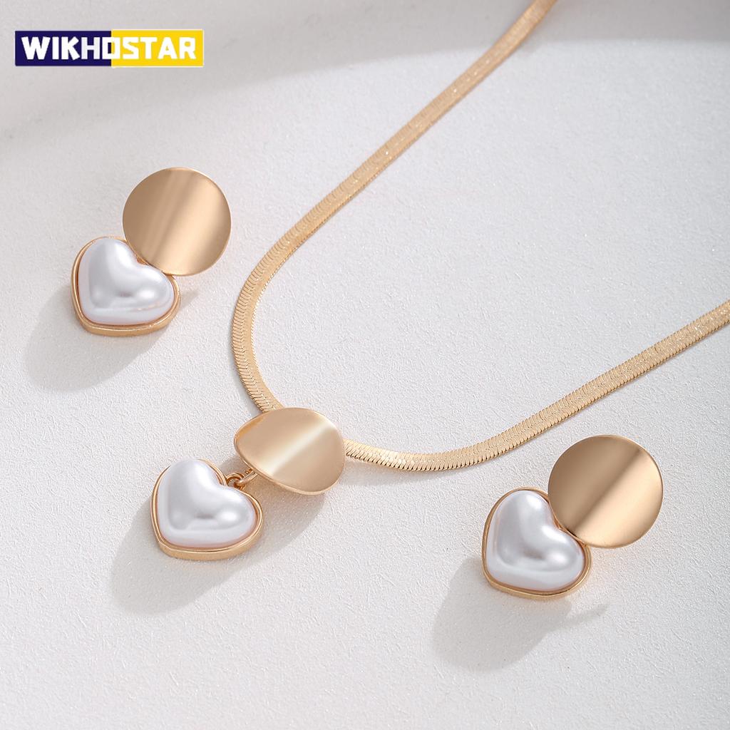 Pair of Heart Shaped Pearl Earrings And Necklace Set Elegant Jewelry Combo for Women