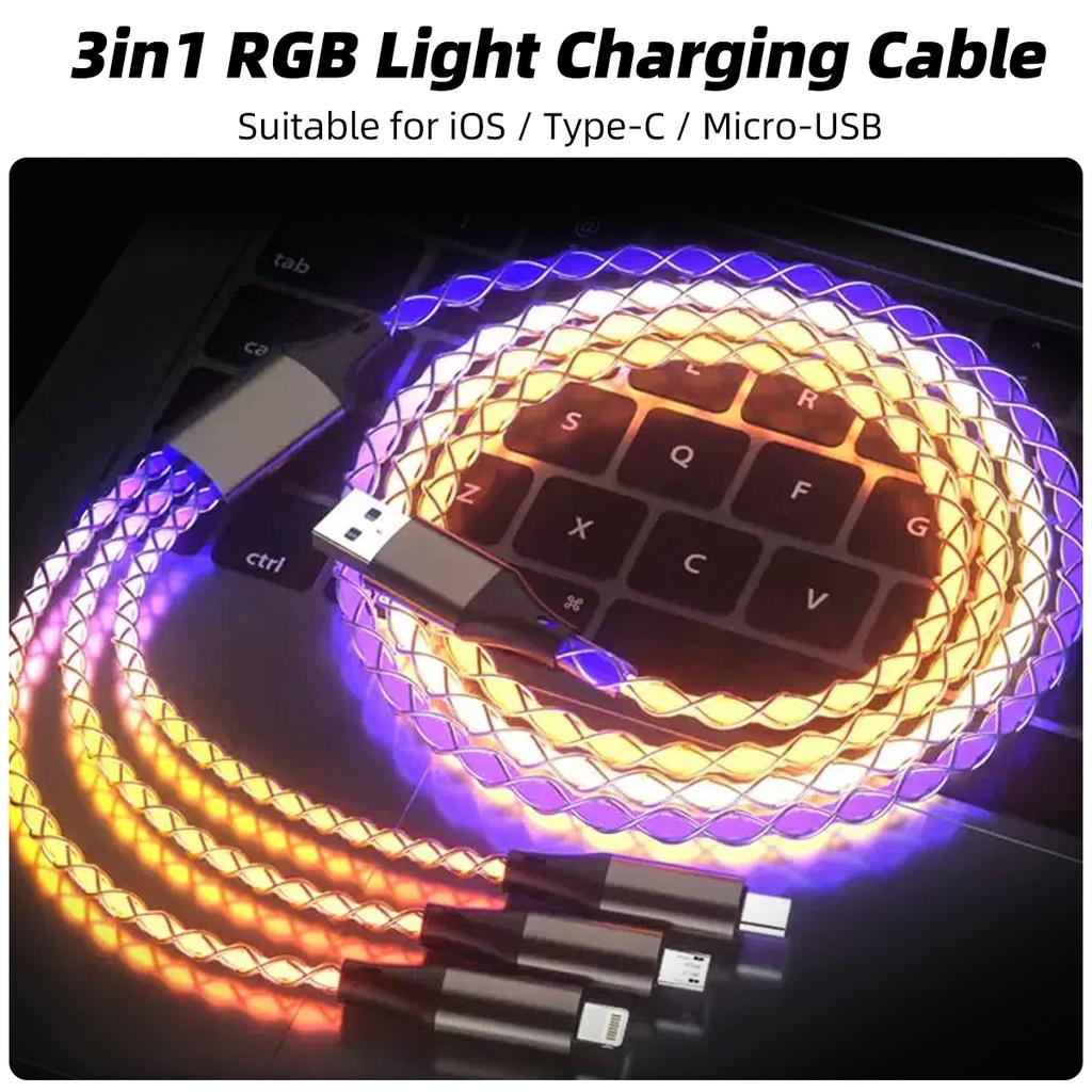 FONKEN 3 In 1 6A 66W Fast Charging Cable USB To Type-C Micro USB Lightning Charger Cable RGB Colorful Glow QData Cord