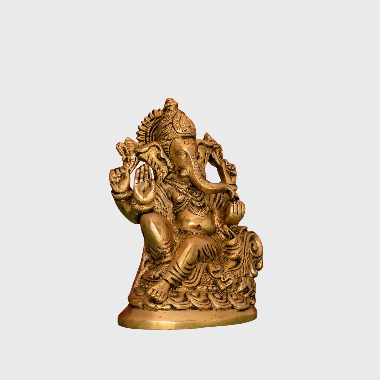 100% Pure Brass Ganesha Idol, Petal Ganesh Murti, Vighanharta Idol, Gold Murti