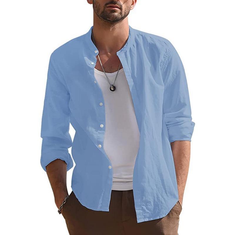 Mens Retro Casual Loose Long Sleeve Stand Collar Solid Shirt