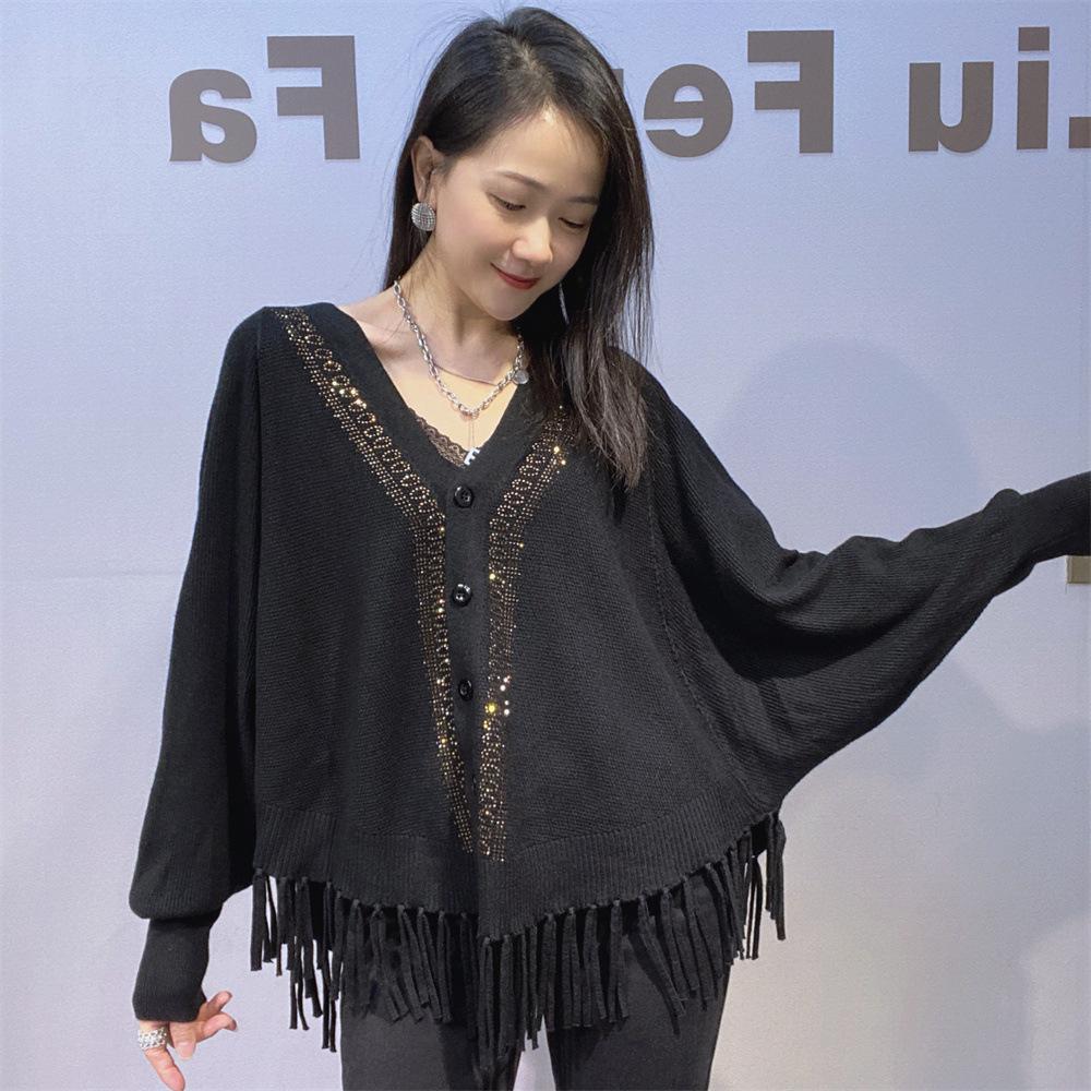 Nový kardigan s pláštěnkou s výstřihem do V, pletený volný svetr s netopýřími rukávy a třásněmi, dámský šál s dlouhým rukávem na podzim a zimu