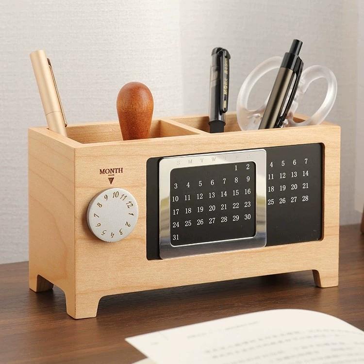 

Деревянная подставка для карандашей, настольный календарь, вечный календарь из орехового дерева, подставка для ручек, органайзер для карандашей для дома, школы, офиса, декор для хранения на столе жёлтый