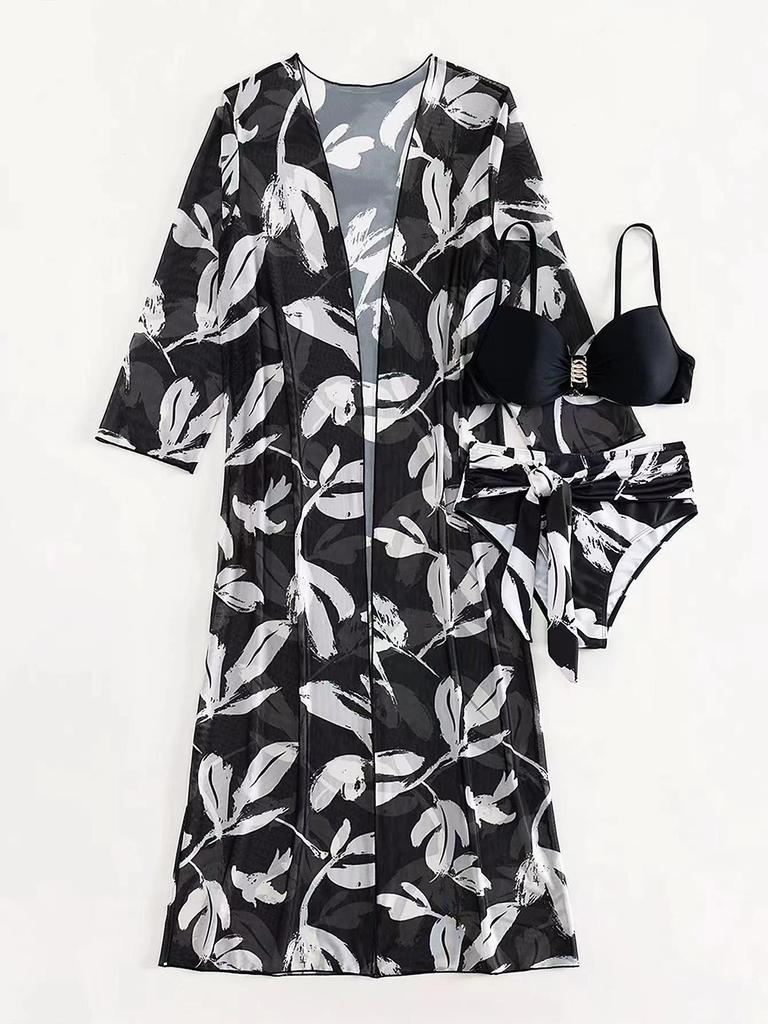Women's High Waist Bikini 3-Piece Set with Long Shirt - European & American Style 2025 Swimwear