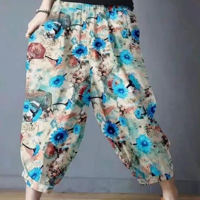 Retro Artistic Printed Cotton and Linen Lantern Pants for Women In Summer Elastic Waist Loose Flower Bud Pants Casual Cropped Pants