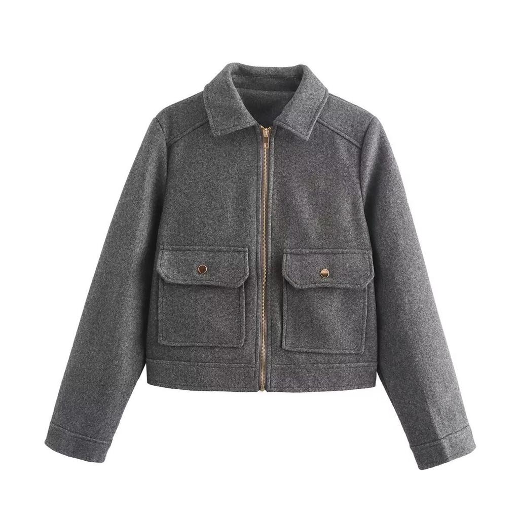 2026 spring new European and American cross-border women's clothing street fashion soft woolen zipper jacket with pockets w107 8779