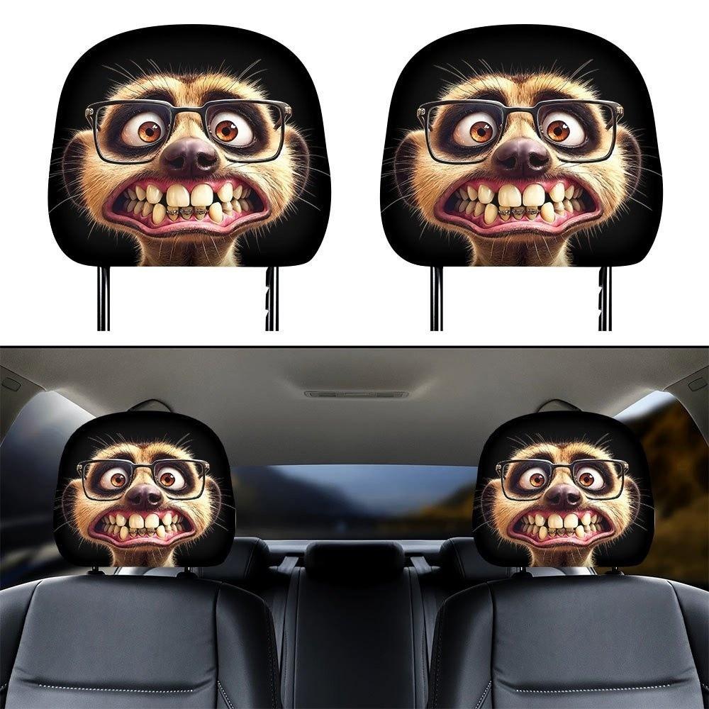 1pair Elastic Fabric Animal Car Pillowcase Universal Fit Flat Print Headrest  Holiday Decor