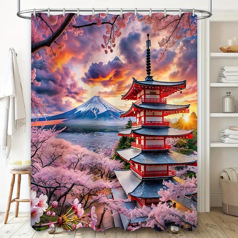 

Japanese Style Shower Curtain Beautiful Cherry Blossom And Mount Fuji Pattern Waterproof And Anti-Mold Bathroom Curtain W60H190(CM)-1 Pcs