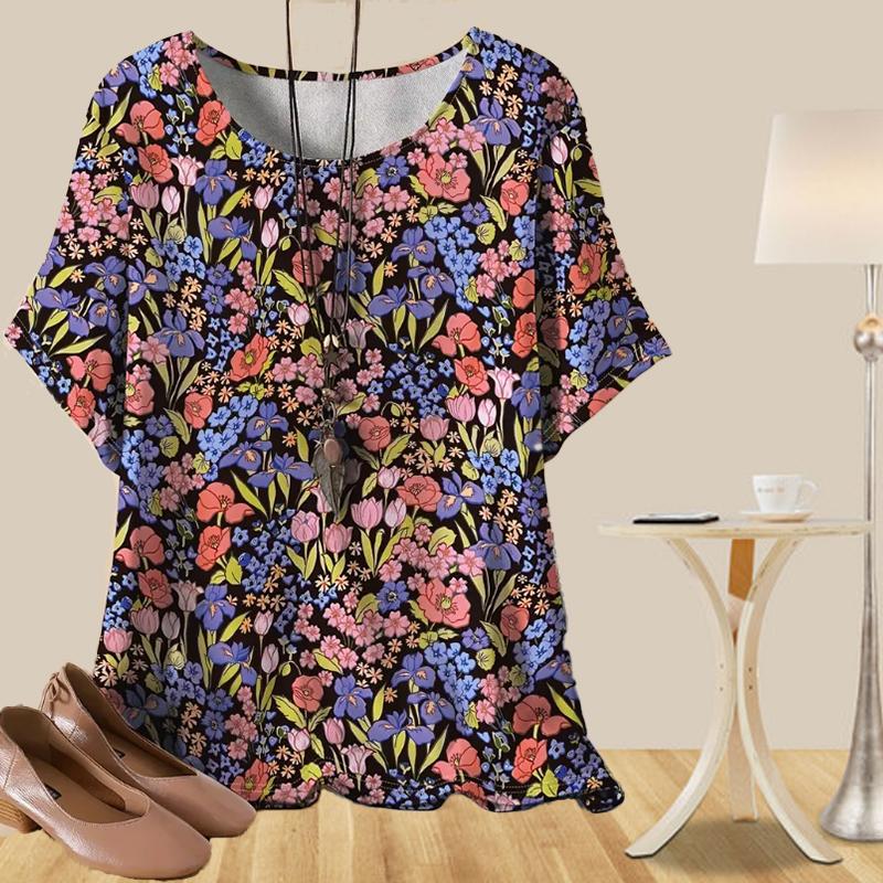 Women's Casual Loose Spring Shirt Women's Short Sleeve Lily and Trumpet Flowers Printed Tops