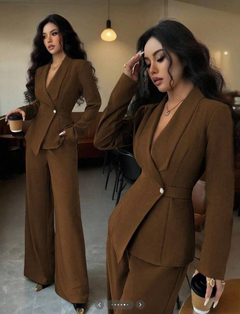 Women's Tailored V-Neck Blazer and Wide Leg Pants Suit Set