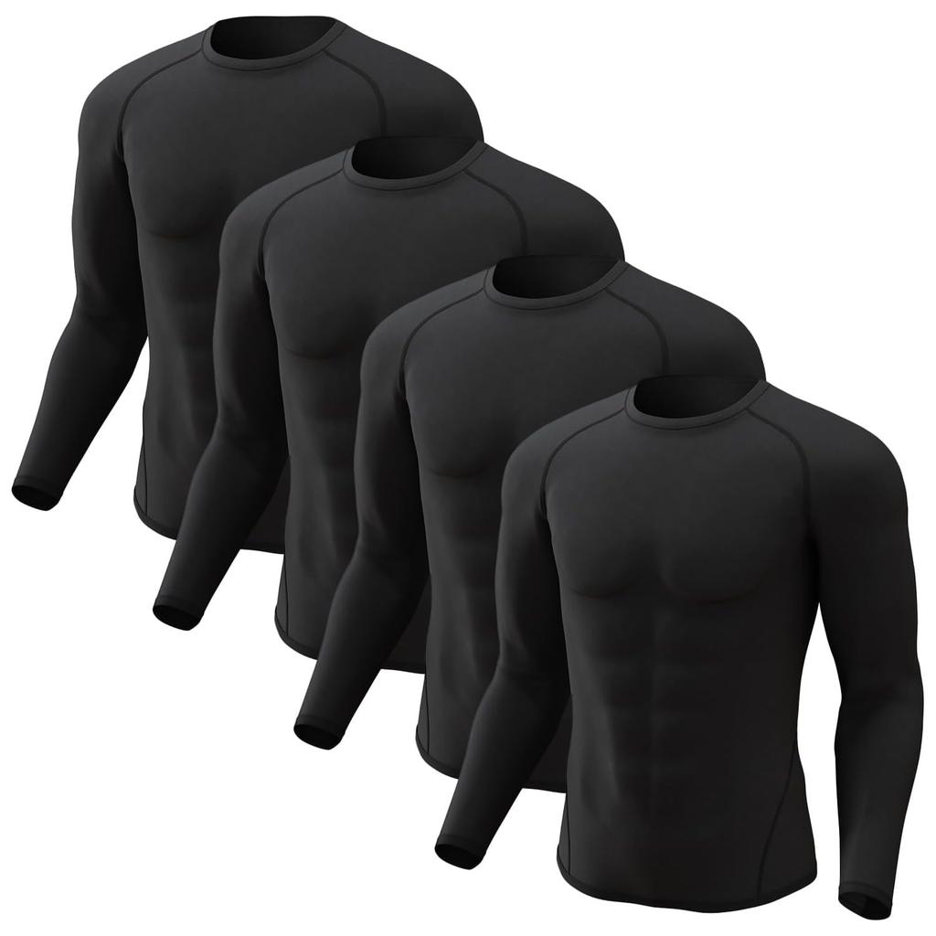 2 Pack Men's Compression Shirts Long Short Sleeve Rash Guard Workout Top, Black