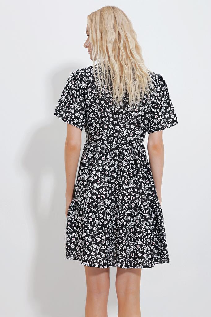 Women's Dress New Season Fashion Blue V-Neck Floral Patterned Skirt Flounce Woven Dress