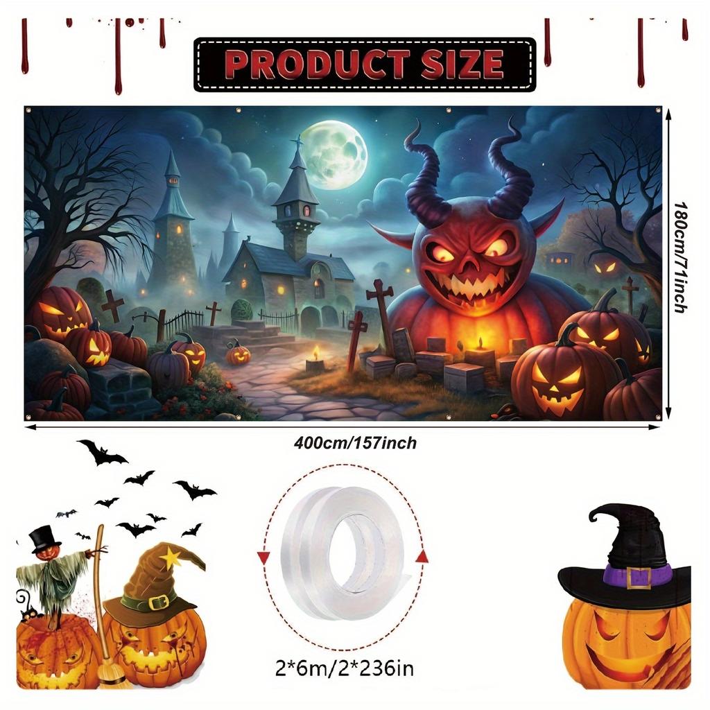 1 Ghost Halloween Garage Polyester Banner Castle and Pumpkin Monster Perfect for Halloween Garage Decoration
