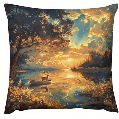 Home Decor Deer By Lake Sunset Landscape Pillow Covers Pattern Cushion Cover Suitable For Sofa Bedroom Car Pillow Cover