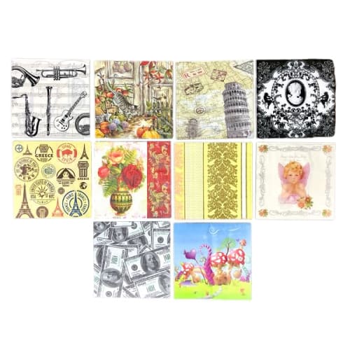 

Бумажные салфетки в 10 дизайнах (по 1 штуке каждого, всего 10) для декупажа. Особенности включают башню, музыкальный инструмент, розу, камею, дамаск, кошку, ангела и банк