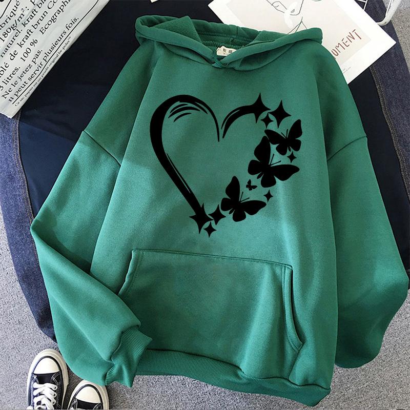 Combination of Love and Butterfly Pattern Long Sleeve Hoodies Women's Trendy Pocket Sweatshirt Vintage Y2k Hooded Clothing