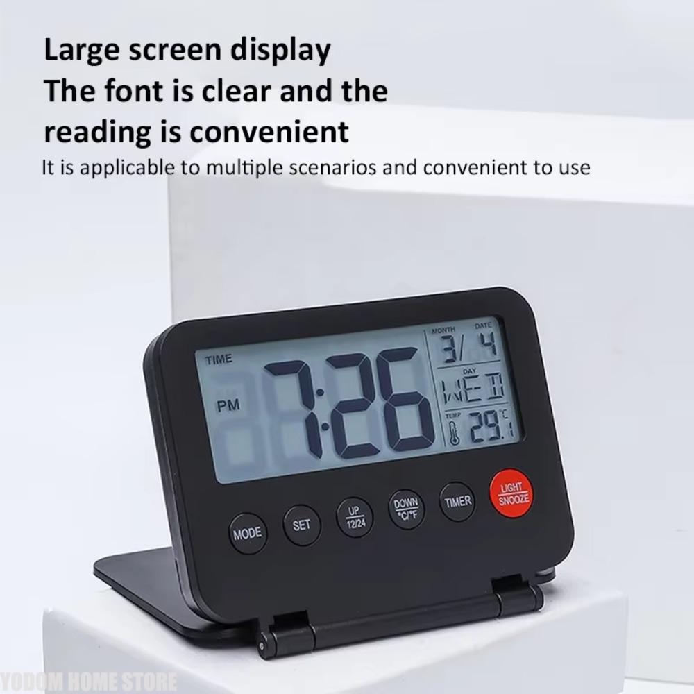 Digital Travel Alarm Clock Foldable - with Calendar Backlight Snooze Temperature LCD Thermometer