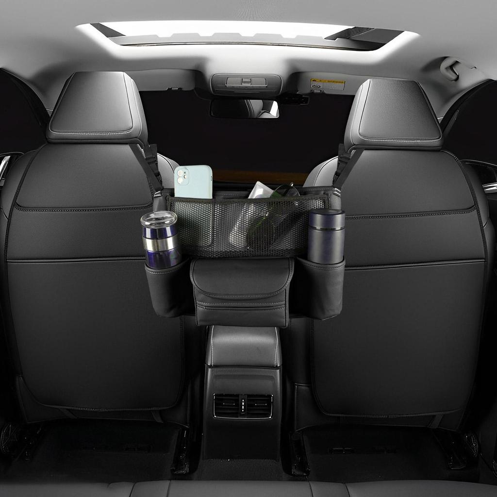 Car Organizer Between Front Seats Hangable Multi-Pocket Net Bag PU Leather Car Organizer Between Seats For Drivers Kids Pets