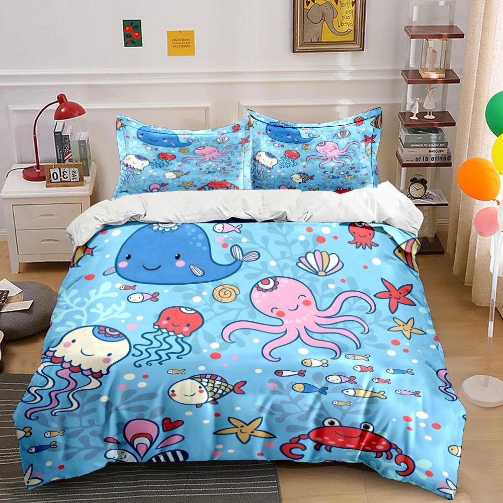 Cute Ocean Animals Pattern Bedding Duvet Cover Set (1*Duvet Cover 2*Pillowcases, without duvet insert)