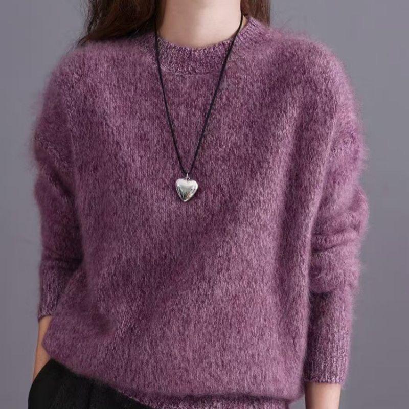 Korean Red Heather Yarn Plush Cashmere Wool Blend Sweater, Round Neck, Loose Fit