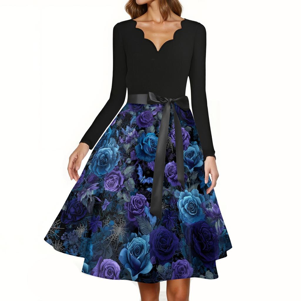 Women's Casual V Neck Halloween Print Vintage Dress Long Sleeve Retro Swing Skirt Belted Waistline Classic Fit Flared Hem