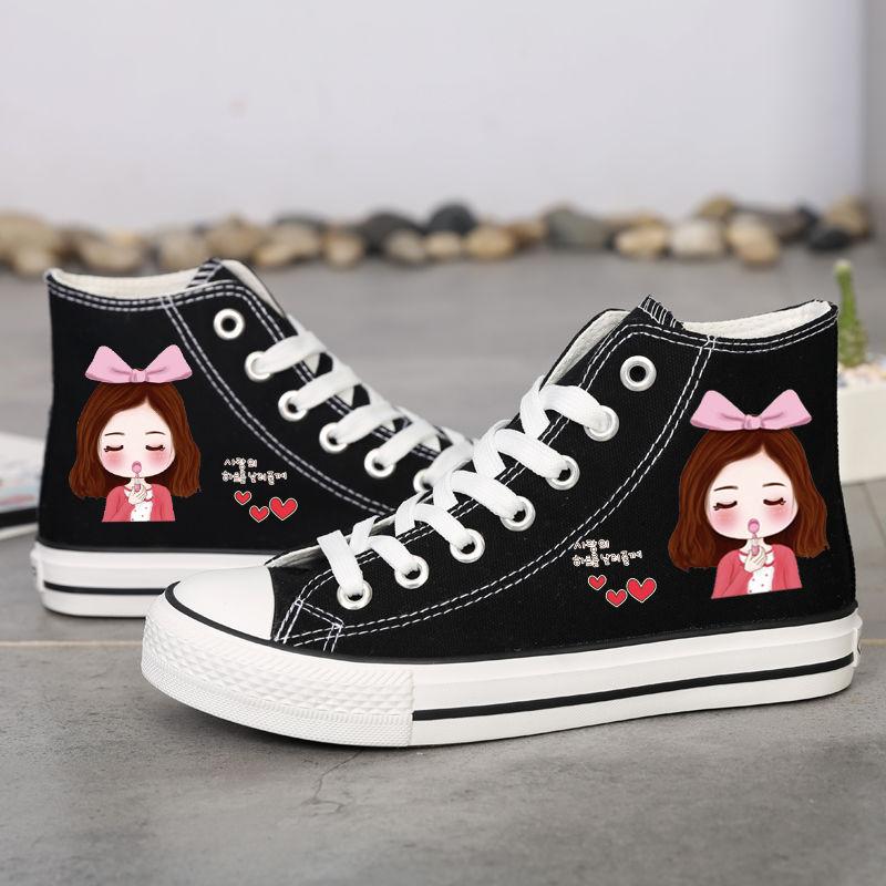 Dámské Boty Jarní Vysoké plátěné Boty Dámské Ploché Ležérní Deskové Boty Studentky Graffiti Boty Korejská verze Wild Cloth Boty Tide