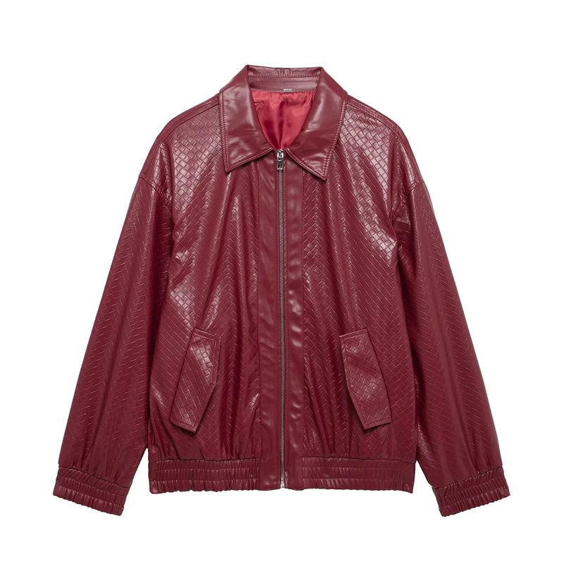 Spring New Women's Clothing Locomotive Style Casual Retro Artificial Woven Leather Pilot Jacket Baggy Coat