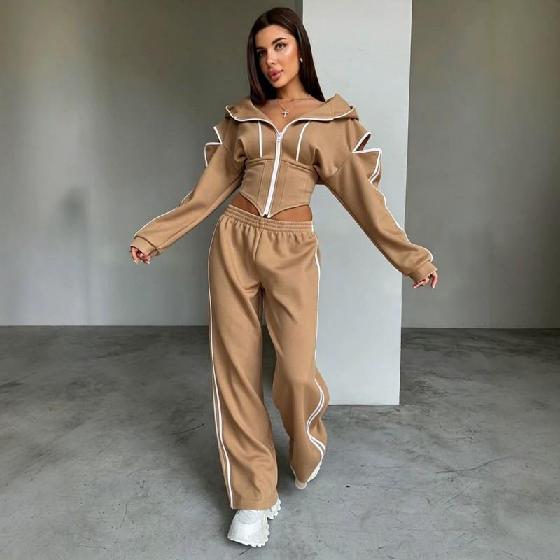 Y2K Hooded Crop Zip-Up Top Elastic Waist Wide Leg Pants 2-Piece Set Women Streetwear Casual Outfit
