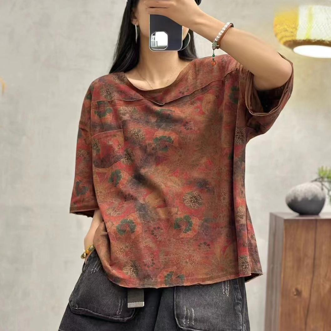 

DIMANAF 2024, новинка, большие размеры, летние женские свободные топы с короткими рукавами и принтом, базовые топы с круглым вырезом, футболка, новинка 8925