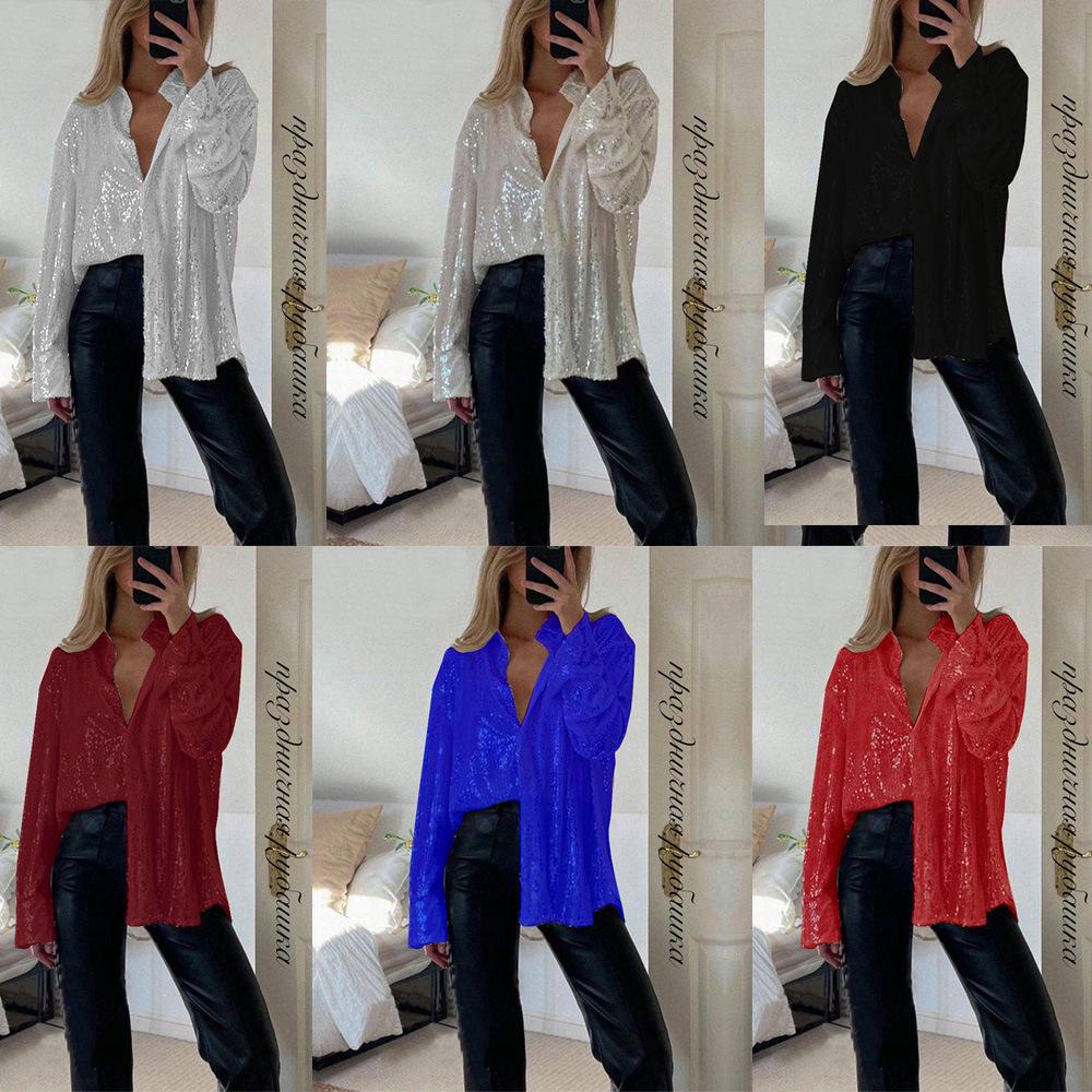 2025 Autumn/Winter European & American Sequin Long Sleeve Turn-Down Collar Sexy Women's Shirt Jacket