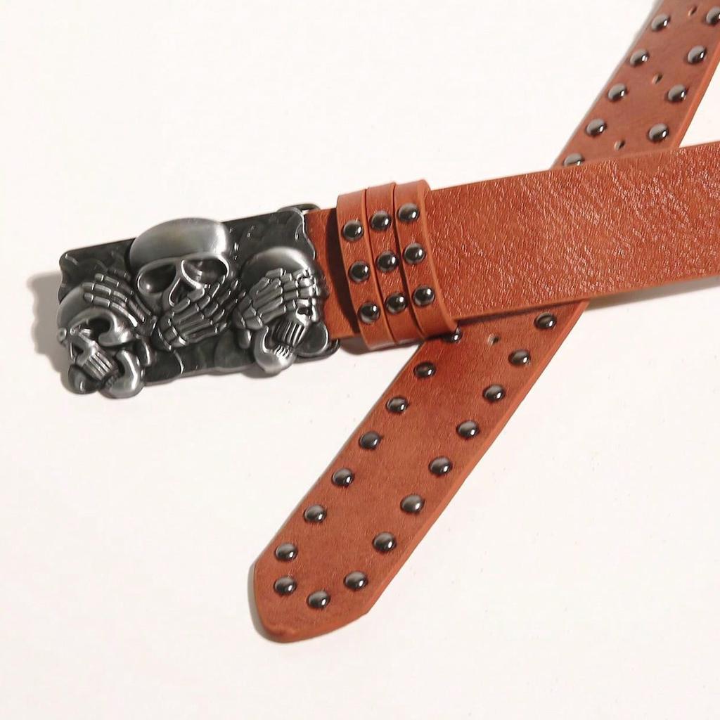 Women Punk Goth Rivet Black Jeans Unisex Men Belt Paw Skull Buckle Waistband