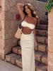 Luxury Beachwear Ruched Bandeau Swimsuit Strapless Three-Piece Set White Bubble Bikini Set White High Slit Maxi Skirt Swimsuit K264