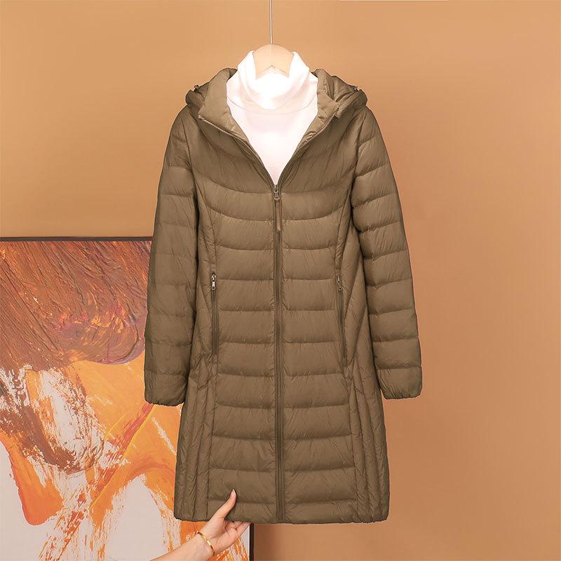 Women's Mid-Length 90% White Duck Down Jacket with Detachable Hood - Lightweight, Plus Size, Slimming Fashion for Winter 2024
