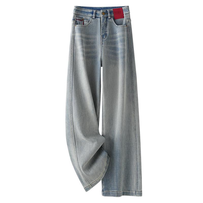 Women's Retro High-Waisted Light Blue Fleece-Lined Jeans for Autumn/Winter 2024 - Narrow, Wide, or Straight-Leg Styles.