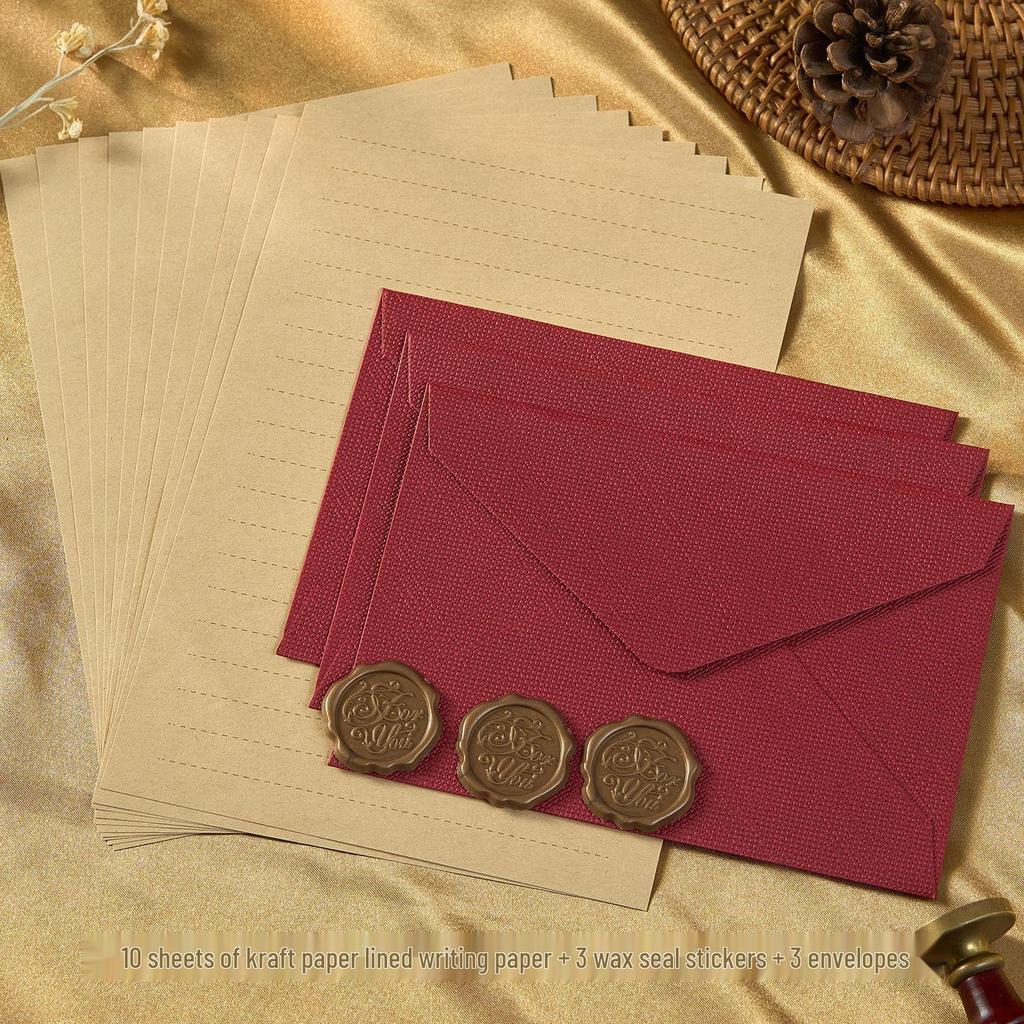 Chinese Style Retro Hemp Envelope & Stationery Set with Kraft Paper and Sealing Wax