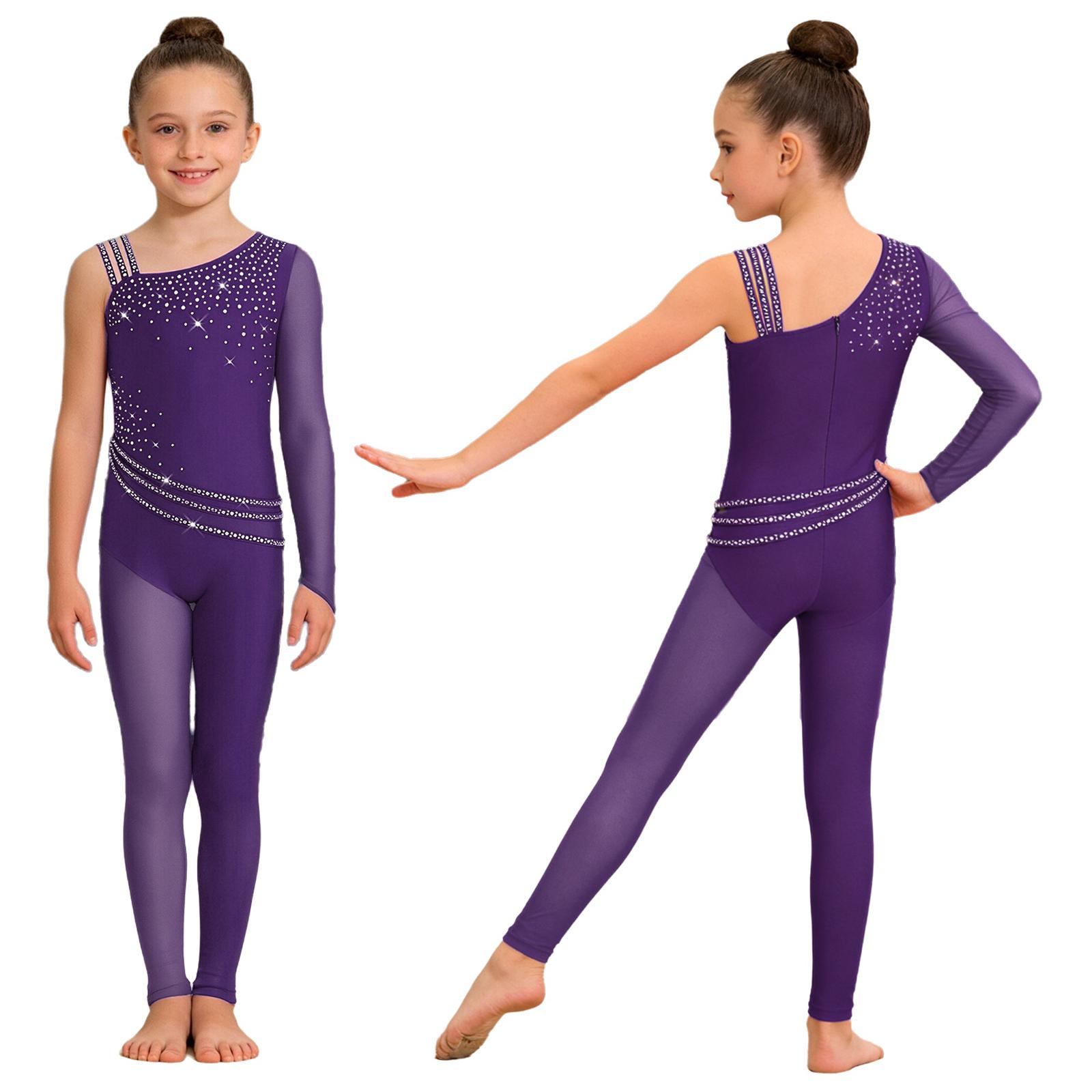 

Girls Figure Skating Gymnastics Jumpsuit Asymmetrical Design Back Invisible Zipper Mesh Patchwork Sparkly Rhinestones Bodysuit for Competition 5-6 Years фіолетовий