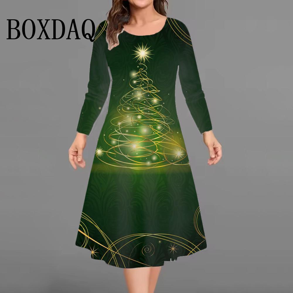 Winter Christmas Party Dress Autumn Women Long Sleeve A-Line Dresses Women Christmas Snowflakes Casual Plus Size Dress