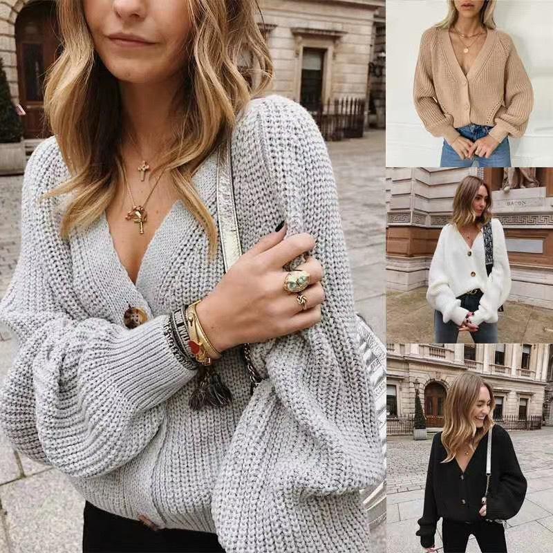 Women's Solid Color V-neck Button-down Sweater