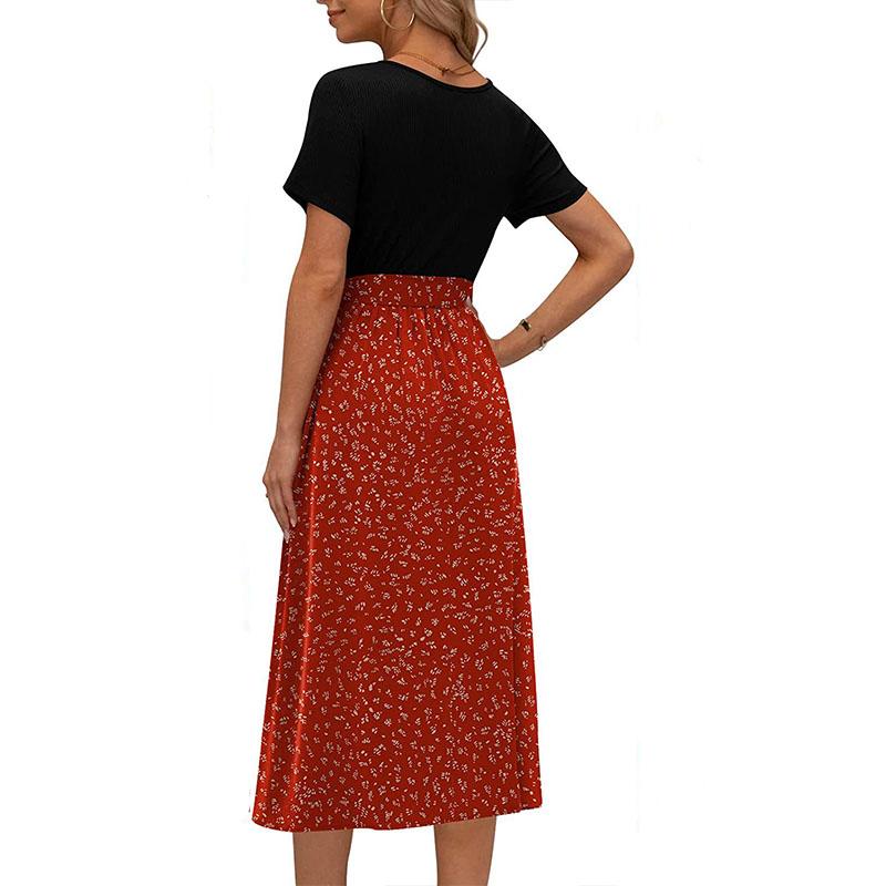 Summer Women's Dress Round Neck Splicing Lace-up Print Short-sleeved Casual Dresses
