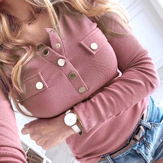 Sexy Women Long Sleeve Solid Color Buttons Ribbed Slim Plus Size Low-cut Blouse