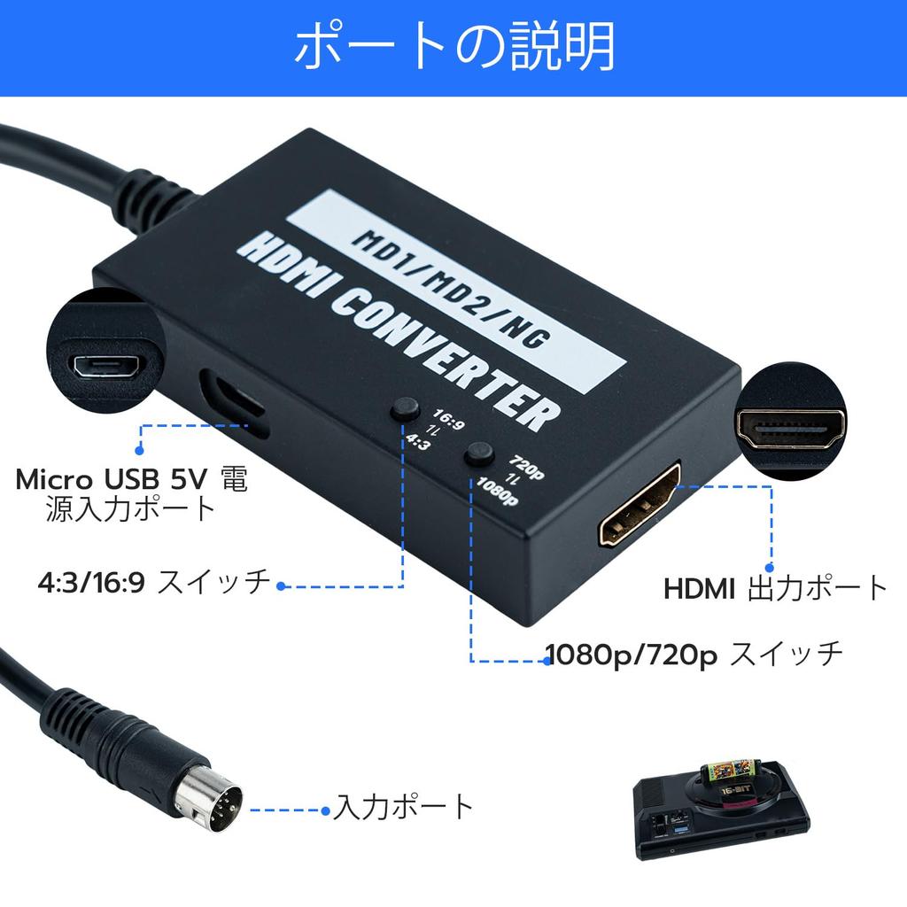 Mcbazel HDMI Converter for Sega MD1/MD2/SNK - 1080p/720p Resolution Switching, Built-in Aspect Ratio Switch, 4:3 To 16:9 Conversion Possible, Sega Meg